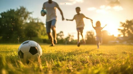 Obraz na płótnie Canvas Active family play soccer in their leisure time