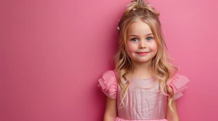 Obraz na płótnie Canvas little blue-eyed smiling girl with long curly blond hair in a pink dress on a crimson background in the studio, child, kid, daughter, teenager, fashion, beauty, stylish clothes, space for text, skirt
