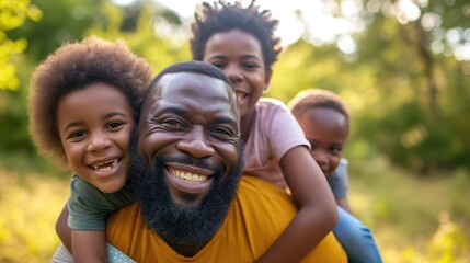 Obraz premium appy mom, dad and children on piggyback ride from parents in nature park for fun, summer time bonding and outdoor family activity. Black father, mother and kids smile together while playing on grass