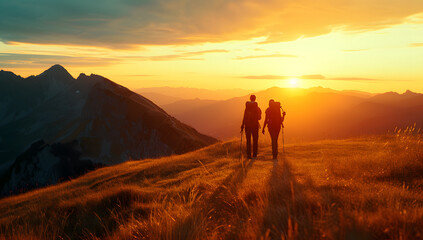 a couple hiking in the mountains at sunset over landscape