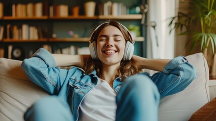 Obraz premium Caucasian beautiful woman smiling at home in headphones . Short brunette hair young girl wearing blue jeans listen music at home. Use technology, lifestyle concept