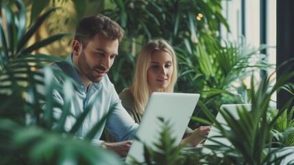 Caucasian business people is working on new strategic planning for next year using laptop while working in green eco friendly modern working space surrounded by air purifying house plant