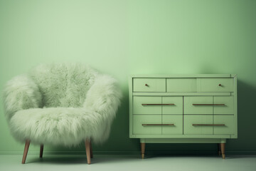 pastel green fur furniture against green wallpaper background, minimalistic interior scene. Copy space