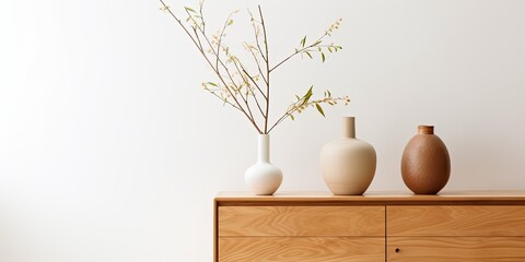 Modern living room interior with eucalyptus vase and bamboo jewelry box on wooden table against white wall.