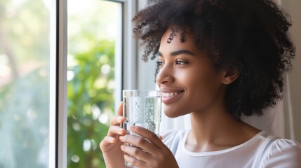 Close up profile smiling beautiful African American young woman holding glass of pure fresh mineral water, standing near window, enjoying morning, healthy lifestyle habit, body and skin care concept