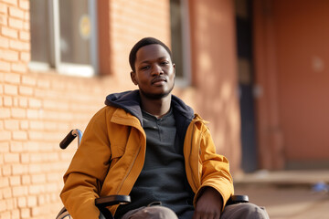 disabled african american man in a wheelchair looking for a job. unemployment concept - obrazy, fototapety, plakaty
