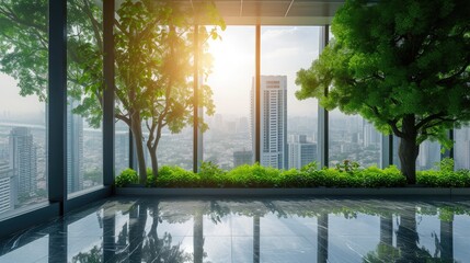 Eco architecture. Green tree and glass office building. The harmony of nature and modernity. Reflection of modern commercial building on glass with sunlight