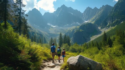 Family with small children hiking outdoors in summer nature, walking in High Tatras.