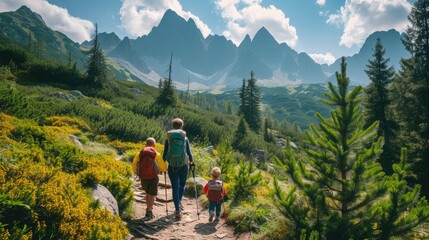 Naklejka premium Family with small children hiking outdoors in summer nature, walking in High Tatras.