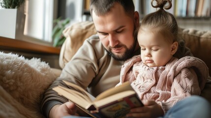 Obraz premium Father With Down Syndrome Daughter Reading Book At Home Together