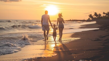 Happy family holidays. Joyful father, mother, baby son walk with fun along edge of sunset sea surf on black sand beach. Active parents and people outdoor activity on summer vacations with children