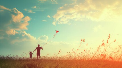 Fototapeta premium happy family father and child on meadow with a kite in the summer on the nature