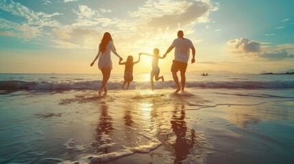 Happy family travel on beach in holiday,Summer vacations. Happy family are having fun on a tropical beach in sunset. Father and mother and children playing together outdoor on beach. - obrazy, fototapety, plakaty