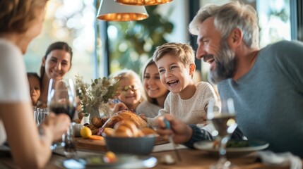 Happy multi-generation family gathering around dining table and having fun during a lunch - Powered by Adobe