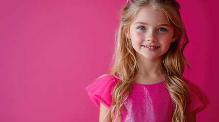 little blue-eyed smiling girl with long curly blond hair in a pink dress on a crimson background in the studio, child, kid, daughter, teenager, fashion, beauty, stylish clothes, space for text, skirt