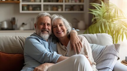 Happy senior couple relaxing on couch at home