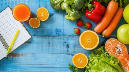Healthy eating with Workout and fitness dieting ,fitness and weight loss concept, fruit, Vegetable and orange juice,notebook,top view on blue wooden background, Food and health