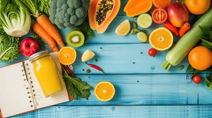 Healthy eating with Workout and fitness dieting ,fitness and weight loss concept, fruit, Vegetable and orange juice,notebook,top view on blue wooden background, Food and health - obrazy, fototapety, plakaty