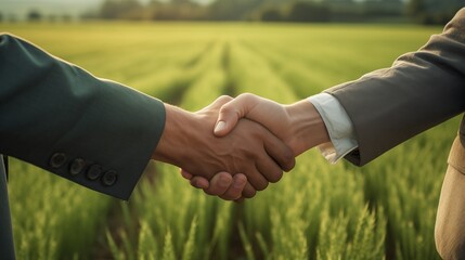 agreement handshake on the background of an agricultural field