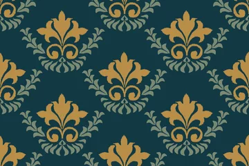 Poster Wallpaper Vintage Floral embroidery patterns seamless ethnic Golden Flower leave motifs paisley. Watercolour brush textured design hand drawn. Vector illustration on dark green background. © Wita Pixs