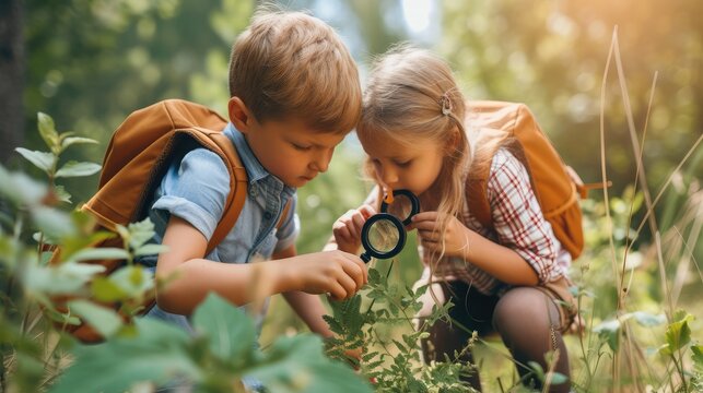 Happy family: two kids boy and girl with backpacks looking examining environment through magnifying glass while exploring forest nature on sunny day during outdoor ecology school lesson