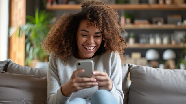 Happy relaxed young woman sitting on couch using cell phone, smiling lady laughing holding smartphone, looking at cellphone enjoying doing online ecommerce shopping in mobile apps or watchin