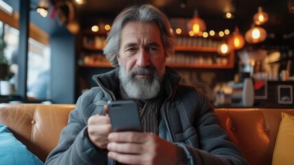 Fototapeta premium Mature man with beard watching movie on smart phone in cafe