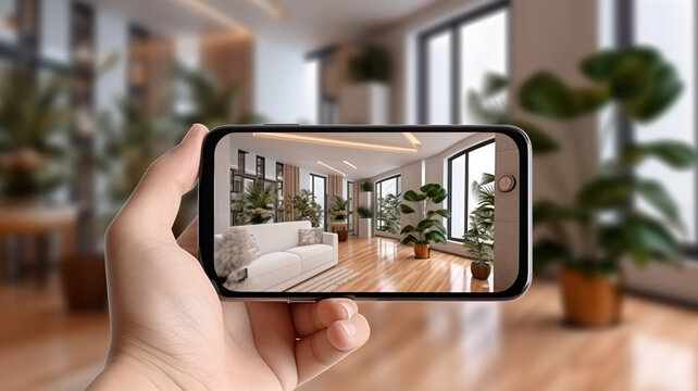 Hand taking photo on smart phone modern living room interior 3D rendering generativa IA