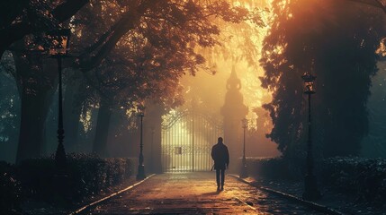 A person stands in the middle of a tree-lined path leading up to ornate gates. It is early morning...