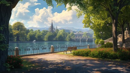 Naklejka premium Nice city park by the lake
