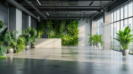 Open space interior with green plants and places for workers, no people, quarantine time, copy space - obrazy, fototapety, plakaty
