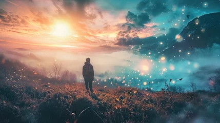 Papier Peint photo Lavable Matin avec brouillard A person stands in a wildflower meadow at sunset or sunrise, facing a dramatic sky filled with warm hues of orange, pink, and blue. Low clouds or fog blanket rolling hills in the background, enhancing
