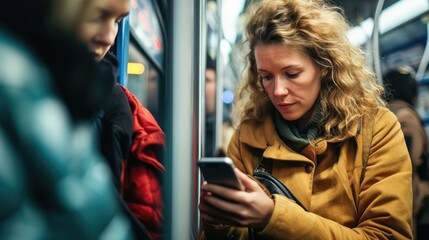 people in public transport, commuters, woman passenger looking at the screen of her smartphone