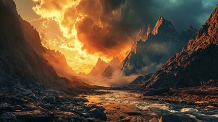 The image showcases a dramatic mountain landscape during what appears to be sunrise or sunset. The sunlight is diffusing through the clouds, casting golden and orange hues over the scene. Jagged mount