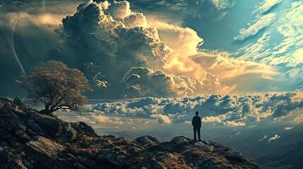 A solitary figure stands atop a rugged, rocky outcrop, gazing at an expansive sky filled with dramatic clouds illuminated by the sunlight. The clouds are dense, with varying textures and radiant edges - obrazy, fototapety, plakaty