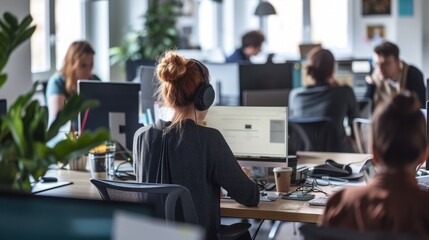 People working at busy modern office in front of computers