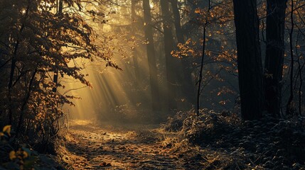 The image captures a serene woodland scene at what appears to be early morning or late afternoon, suggested by the low angle of the golden sunlight filtering through the trees. Sunbeams pierce the mis - obrazy, fototapety, plakaty