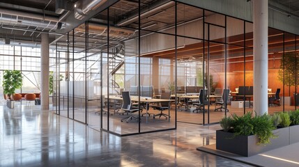 setting of modern, glass-walled business startup offices, the open, airy workspace reflects a contemporary and innovative ambiance, promising a dynamic environment for entrepreneurial growth