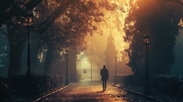 A person stands in the middle of a tree-lined path leading up to ornate gates. It is early morning or late evening, and the sun is filtering through mist, casting a golden light over the scene. The at