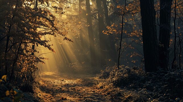 The image captures a serene woodland scene at what appears to be early morning or late afternoon, suggested by the low angle of the golden sunlight filtering through the trees. Sunbeams pierce the mis