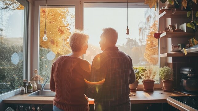 Rear view at middle aged loving couple preparing breakfast together in the kitchen standing at big window, caring mature husband helping senior wife to cook morning meal, old people at home lifestyle
