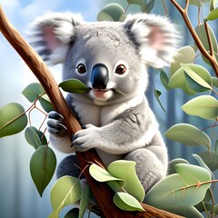 Koala in tree. A fluffy koala clinging to a eucalyptus branch, munching on leaves with its small, round face. Generative AI.