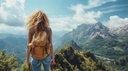 Naklejka premium Young beautiful tourist woman with curly hair on top of a mountain. Active woman enjoys the beautiful scenery of the majestic mountains. Travel, adventure.