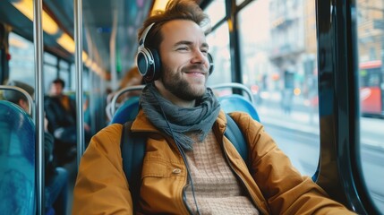 Young man riding in public transport listening to the music - Powered by Adobe