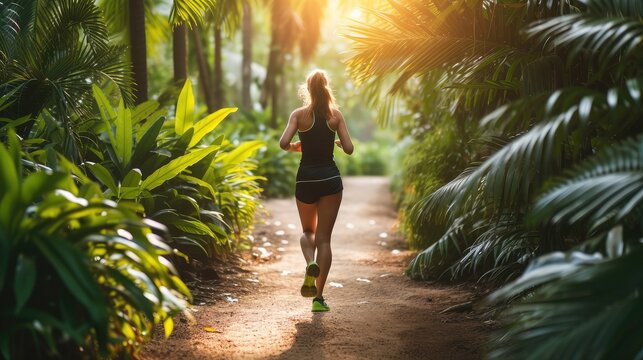 Young fitness sportswoman runner running on tropical park trail