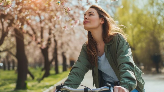 Young pensive dreamful happy woman 20s wearing casual green jacket jeans riding bicycle bike on sidewalk in city spring park outdoors, look aside. People active urban healthy lifestyle cycling concept