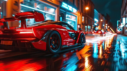Illustrate a futuristic supercar with an augmented reality windshield, displaying real-time data and information about the road, weather, and navigation, as it speeds through a high-tech highway