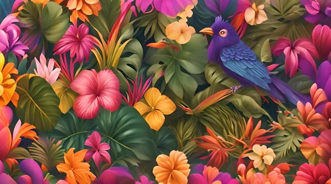 Organic shape and bright color. Colorful birds and flowers in the tropical forest