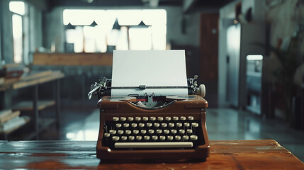 blank sheet of paper inserted into an old typewriter on a table in a stylish room, publishing house, space for text, writing, layout, editorial, writer's day - obrazy, fototapety, plakaty