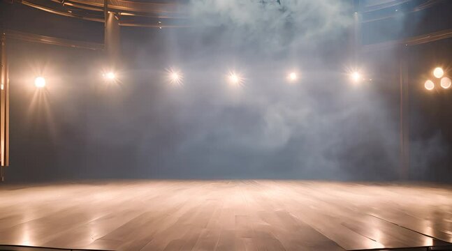 Empty stage with spotlights to the center and smoke background